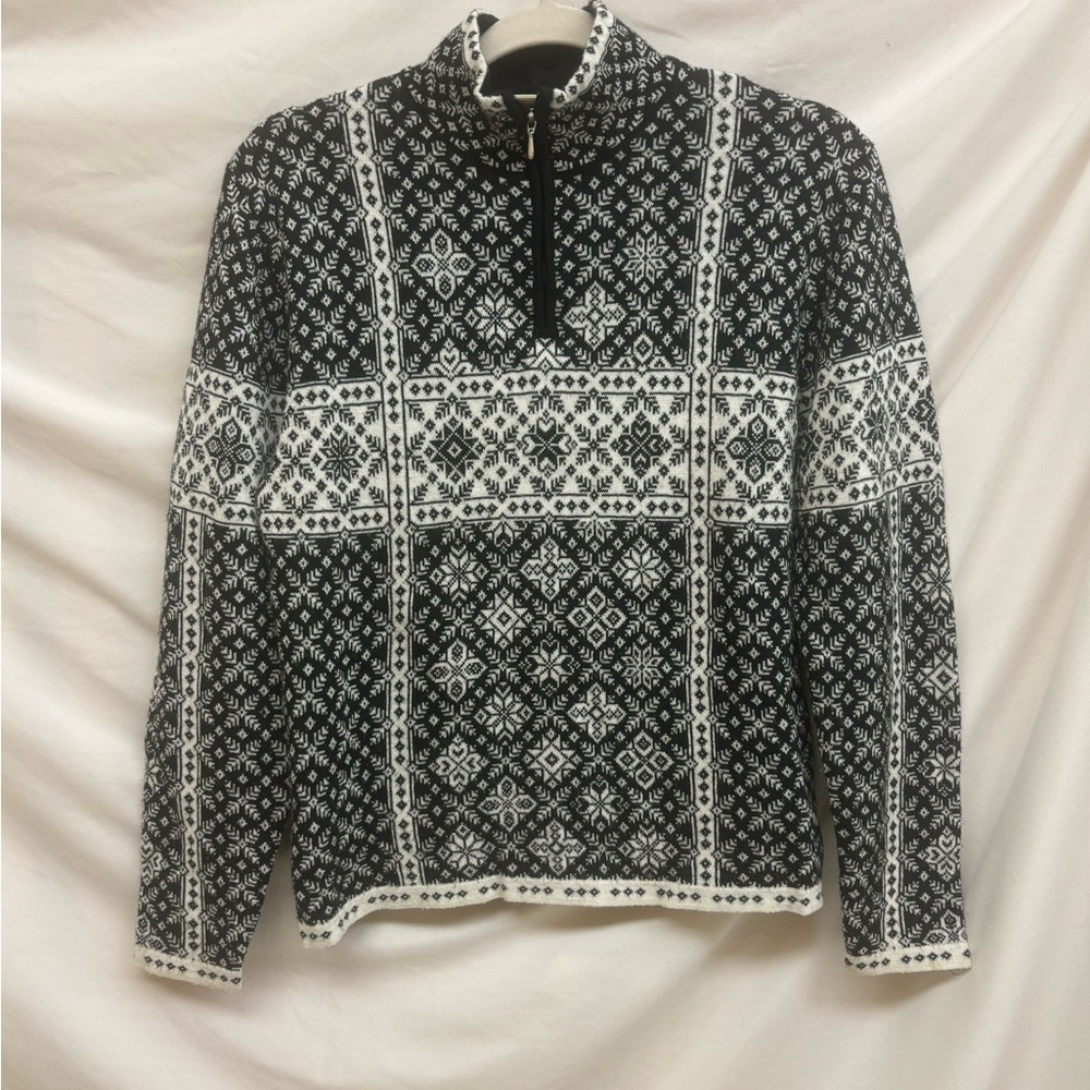 Obermyer ski sweater women’s size m black white Swedish wool blend Nordic